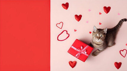 AI Generated, Valentine day background for samoyed, cat, shiba, corgi lover with gift box and various red hearts. flat lay style greeting composition.
