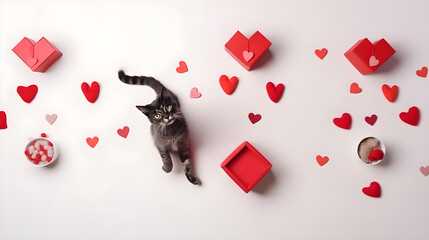 AI Generated, Valentine day background for samoyed, cat, shiba, corgi lover with gift box and various red hearts. flat lay style greeting composition.