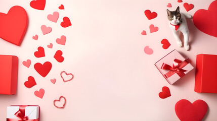 AI Generated, Valentine day background for samoyed, cat, shiba, corgi lover with gift box and various red hearts. flat lay style greeting composition.