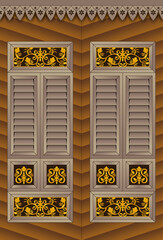 A traditional Malay style wooden window frame. Decorated with traditional plants motifs.