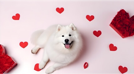 AI Generated, Valentine day background for samoyed, cat, shiba, corgi lover with gift box and various red hearts. flat lay style greeting composition.