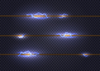 Isolated vector lightning electrical discharges on transparent background. Abstract electric high voltage live wires. Energy glow power fiction vector blue glowing shock special light effect