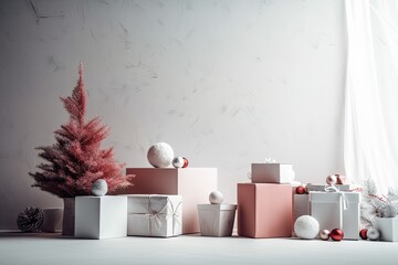 Christmas background including ornamented present boxes and spruce branches in a vase for the celebration of the winter holidays. Scandinavian design with pastel colors. Generative AI