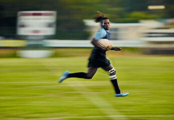 Rugby, action and black man running with ball to score goal on field at game, match or practice workout. Sports, fitness and motion, player on blurred background on grass with energy and sport skill.