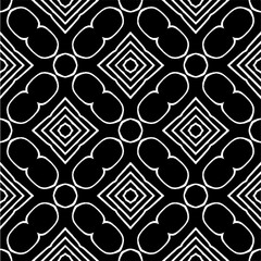 Vector geometric seamless pattern. Minimal ornamental background with abstract shapes. Black and white texture. Simple abstract ornament background. Dark repeat design for decor, fabric, cloth.