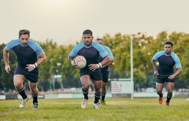 Obraz premium Rugby, team and men training, playing on grass field and exercise for healthy lifestyle, balance and wellness. Male players, athletes and guys outdoor, competition and match for fitness and practice