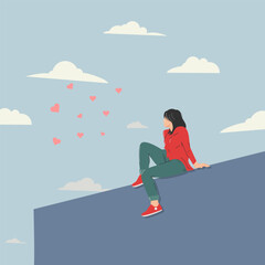 Girl sitting on the building looking to the flying pink heart shape illustration