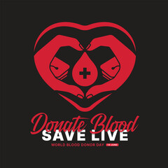 World blood donor day, Donate blood save live - Red hands together forming a heart shape with drop blood sign in center in line heart frame on black background vector design