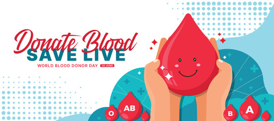 World blood donor day, Donate blood save live - Hand hold drop blood charecter and drop blood all type around on blue and white background vector design - 583419119