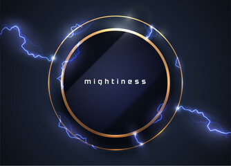 Abstract electric golden frame energy background. Gold shine round frame with lightning. Power light effect on purple glossy circle. High voltage charged vector blue glow shock explosion discharge