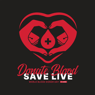 World blood donor day, Donate blood save live - Red hands together forming a heart shape with drop blood sign in center in line heart frame on black background vector design