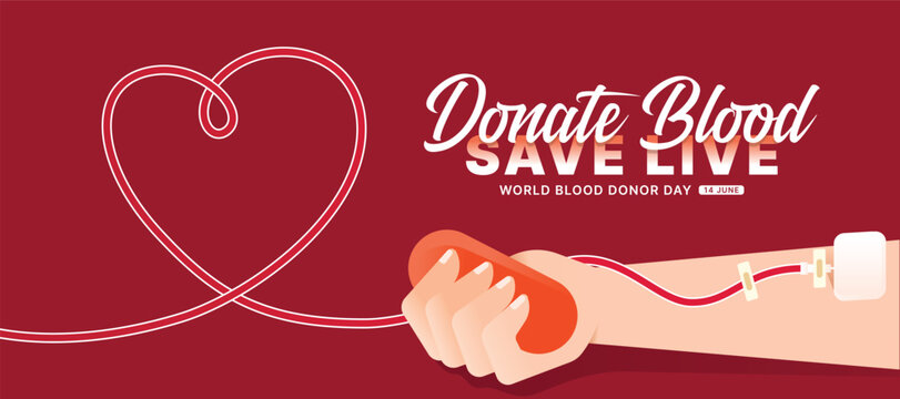 World blood donor day, Donate blood save live - The donated blood is taken from the donor arm into line blood with heart shaped on red background vector design