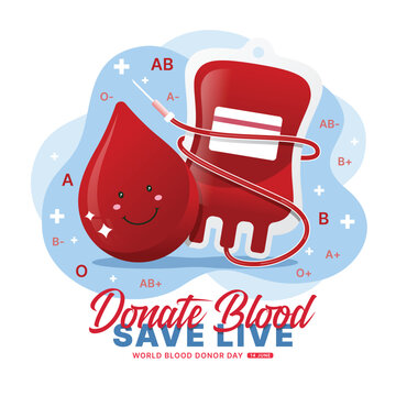 World blood donor day, Donate blood save live - Drop blood charecter and blood bag with blood all type text around on soft blue background vector design