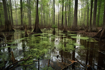 Fototapeta na wymiar Lush swamp and rivers in summer, swamp covered by green vegetation, beautiful tropical vista landscape, similar to South Florida, northern Europe, and other wetland regions, generate AI.