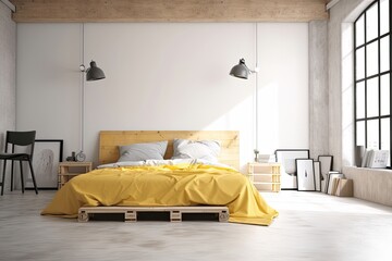 Interior of a loft bedroom with a wooden floor, white walls, and a double bed covered in yellow. a mockup. Generative AI