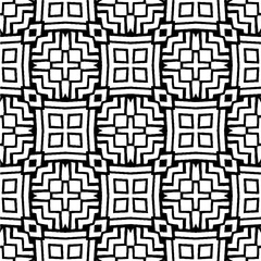Fototapeta na wymiar Vector geometric seamless pattern. Minimal ornamental background with abstract shapes. Black and white texture. Simple abstract ornament background. Dark repeat design for decor, fabric, cloth.