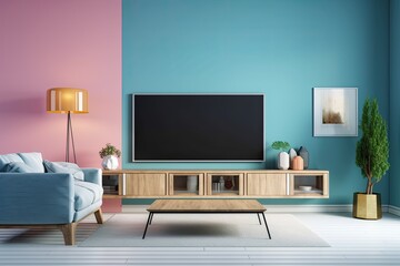A huge flat screen television is depicted on a white coffee table against a blue pink background. a space for leisure at home. Generative AI