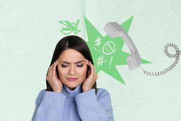 Creative collage portrait of tired suffering lady hands touch temples yelling angry handset...