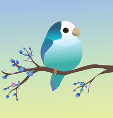 A very cute blue Rosy-faced lovebird in the shape of an egg. Soft blue green gradient background. The bird is perched on a branch with blue blossom.
