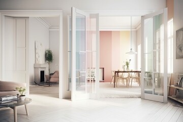 Bright interior design, architect designer concept, blurred background, white folding door opening in living room with pastel hues and metaphysical abstract object. Generative AI