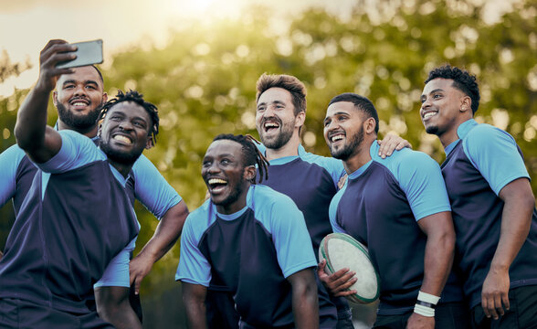 Rugby, team and sports selfie for profile picture, vlog or social media post together. Sporty man holding smartphone smiling in teamwork for group photo, memory or friendship outdoors