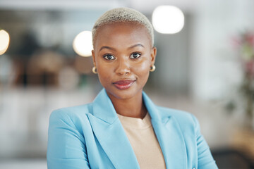 Office face portrait, manager and black woman, business employee or leader confident in startup...