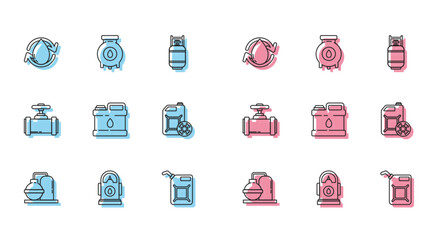 Set line Oil and gas industrial factory building, Petrol Gas station, drop, Canister for gasoline, motor machine oil, Antifreeze canister, Industry metallic pipes valve and icon. Vector