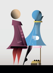 Two fashionable women stand facing each other. Two female models abstract vector illustration, digital painting.