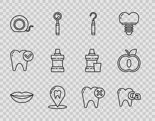 Set line Smiling lips, Calcium for tooth, Dental explorer scaler teeth, clinic location, floss, Mouthwash plastic bottle, Tooth with caries and Apple icon. Vector