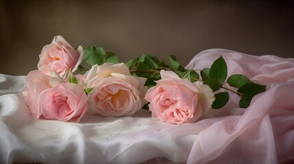 pink roses on soft silk Generative AI