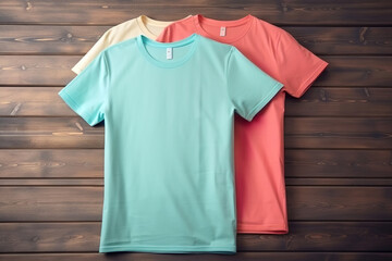 blank yellow and green and red t-shirt flatlay mockup on wooden background, template for t-shirt graphics for webshops, generative ai