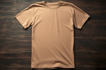 blank brown t-shirt flatlay mockup on wooden background, template for t-shirt graphics for webshops, generative ai - obrazy, fototapety, plakaty