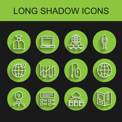 Set line Web camera, Online quiz, test, survey, Student, Cloud or online library, Open book, Pie chart infographic, Social network and Computer mouse icon. Vector