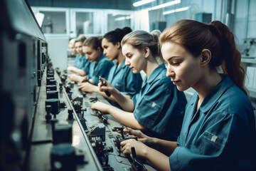 Fototapeta na wymiar Female factory workers at a generic workplace. Created with Generative AI technology.
