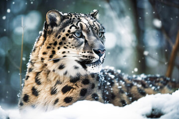 Fototapeta premium Snow leopard in winter. Created with Generative AI technology.