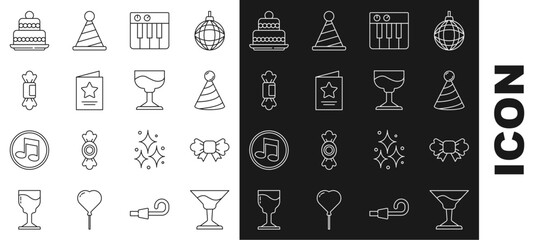 Set line Cocktail, Bow tie, Party hat, Music synthesizer, Greeting card, Candy, Cake and icon. Vector