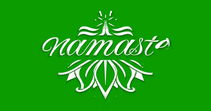 Namaste text Animation. Handwritten typography with vintage ornament in white color on the green screen alpha channel. Animated modern brush calligraphy with ink drops