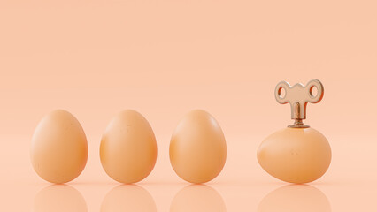 Wind up egg at fall on its side. Unlike other chicken eggs.  Help and difference concept. 3D Render.