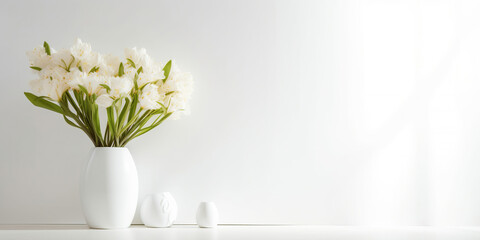 beautiful spring easter flowers in white vase isolated on white background, bright morning lights, copy space, generative ai
