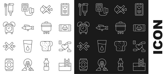 Set line Swimming pool with ladder, Attention to health heart, Sports nutrition, No meat, Fish, Alarm clock, Toothbrush and toothpaste and Cooking pot icon. Vector