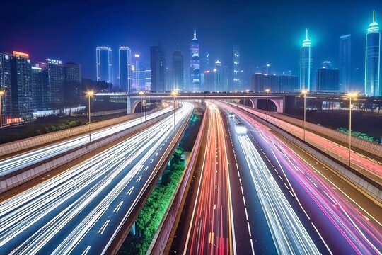 Nighttime Shanghai Skyline, Futuristic Architecture Illuminated by Colorful Lights, AI-Generated