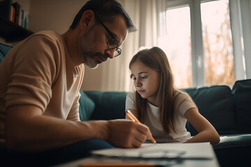 Fototapeta premium A man teach his daughter to do math in the weekend morning day, generative ai