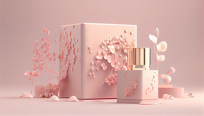 Unleashing Natural Beauty: 3D Podium Display with Circular Frame, Summer Minimal Banner, and Wind Effects on Beige Backdrop Showcasing Promotional Cosmetic Products Mockup Generative AI