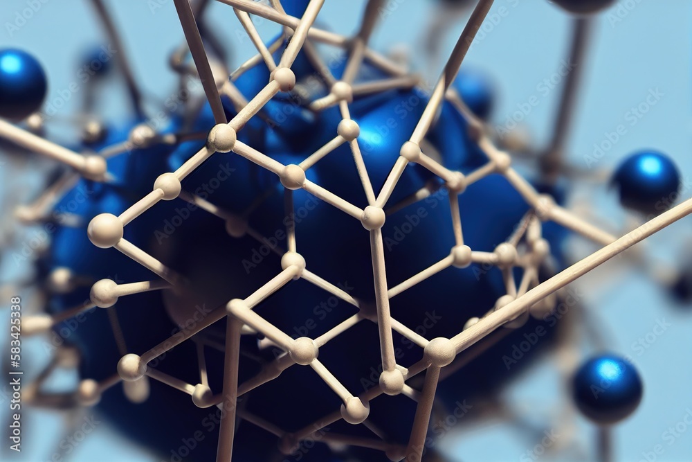 Poster Structural model of molecule closeup and atoms for biology and physics lessons., created with generative ai