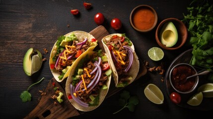 Overhead shot of tacos for restaurant menu. Mexican traditional cuisine. Generative AI