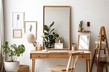 Fototapeta na wymiar Interior of a contemporary Scandinavian home with a mock up photo frame, custom office supplies, and plants on the wooden desk. On the white wall, there is a lovely mirror. Inventive interior design w