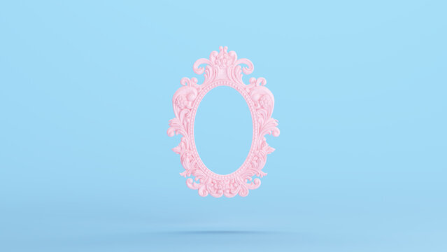 Pink Picture Frame Ornate Traditional Round Shape Kitsch Blue Background 3d illustration render digital rendering