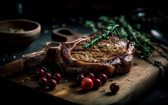 Delicious Steak, Rib Eye or T-Bone, Garlic Butter and thyme. Delicious and mouth watering. Shallow field of view. Illustrative Generative AI.	