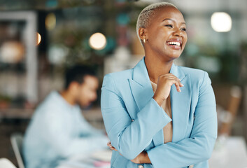 Happy, confident and arms crossed with black woman in office for leadership, management and laughing. Vision, inspiration and mission with female employee for smile, motivation and empowerment - Powered by Adobe