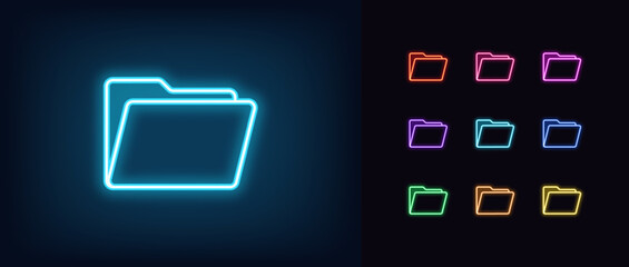 Outline neon folder icon set. Glowing neon file folder sign, open data directory pictogram. Computer archive, project folder, work portfolio, file and document storage, data repository. - obrazy, fototapety, plakaty